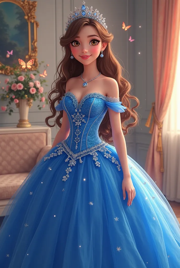 Quinceañera anime, bright royal blue princess dress, full body portrait, looking at the camera with cheerful expression, Long brown hair,  Wide Smile, confident stance, elegant interior background with floral decorations, butterflies warm and soft lighting...