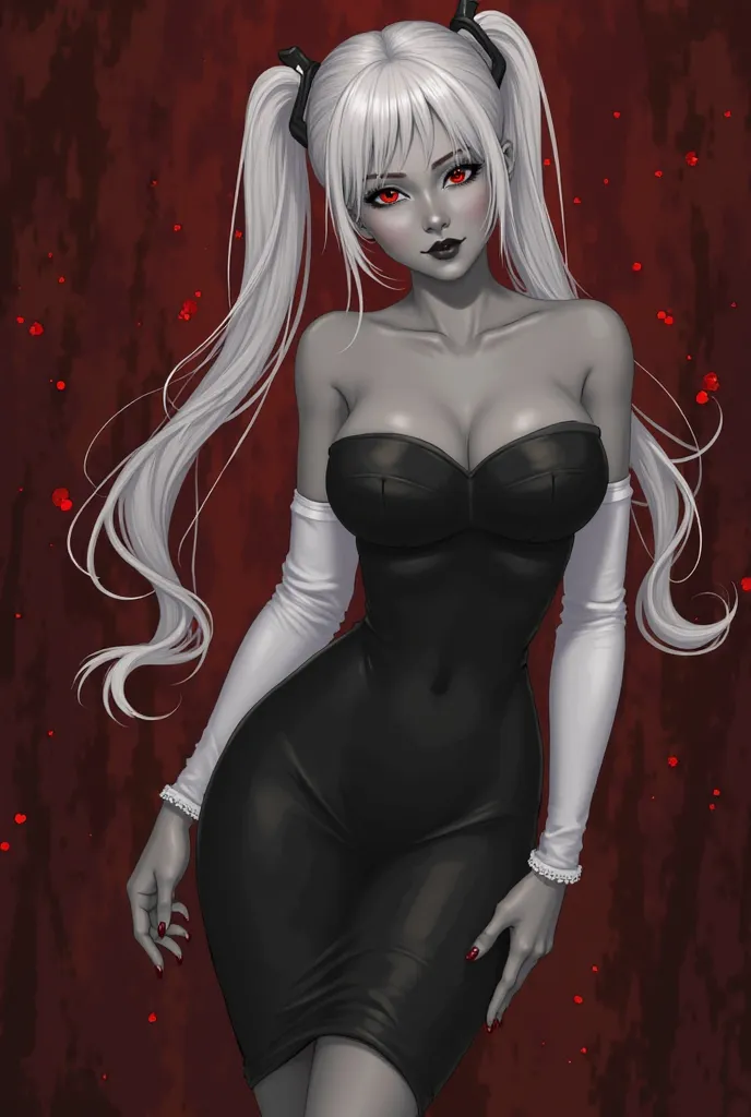 masterpiece,carmilla_carmine,score_9, score_8_arriba, score_7_arriba,gray skin,twin hair,Black dress, white elbow pads , bare shoulders, ,(huge juicy  breasts:1.2), breasts, tiene largas pestañas,dress, ,black lip,esclerótica pigmentada,Horny red,White hai...