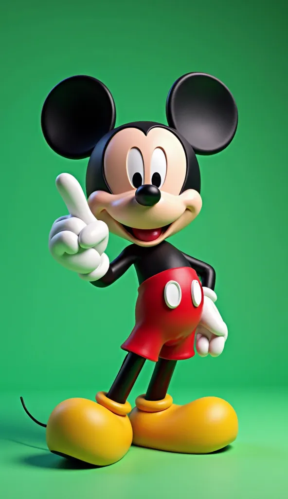 Imagine a modern Mickey Mouse. He is pointing his finger to the side. Green screen chroma key background