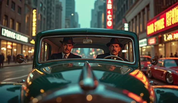 1930s mafia vintage image, 3 mobsters sitting inside a vintage car driving around the city