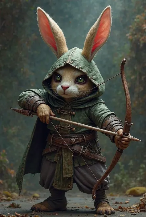 Make a rabbit using a bow and arrow with medieval clothes and a hoodie, A more wicked face, With rabbit hands too