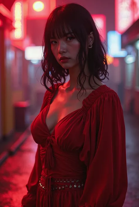 costume inspired by Mira Kano from Alice in Bordeland, female character,  take a serious look, determined expression,  firm posture,  elegant dress , luxurious fabrics, Bright red color, dark atmosphere, night scene, neon city, lighting effects cyberpunk, ...