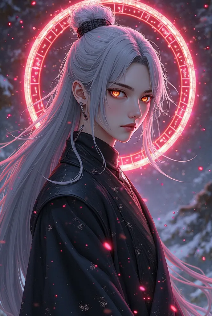 Full body image, handsome  protagonist Xianxia , ,long silver hair ,handsome face,(golden amber menacing eyes)) calm face aura,no smile,at back head is god circle with immortal emperor rune((the color is combination red and purple ))((god halo circle style...