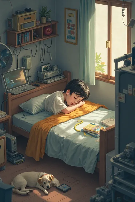 A boy sleeping in a bed and one fridge , fan , laptop, mobile, books and dog 