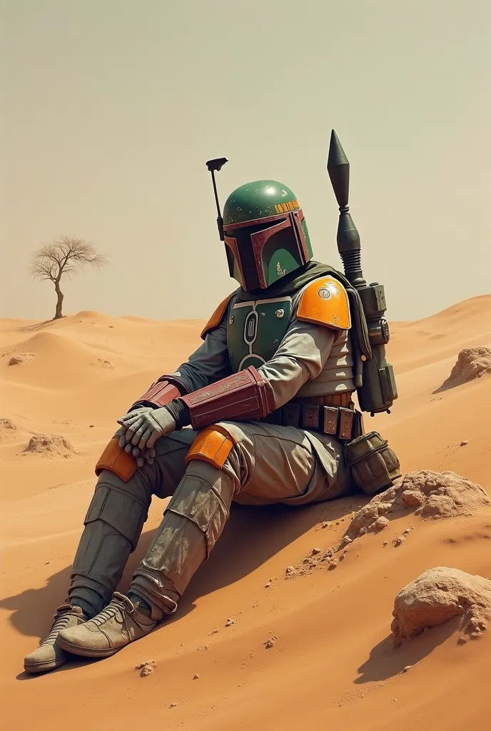 Boba fett sitting in the desert 