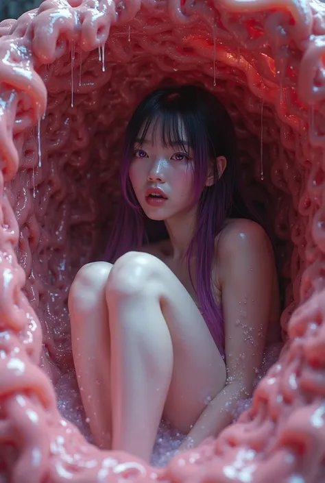 Japanese woman with long dark purple hair and wet pink highlights, eyes in purple, wearing underwear, mouth open, sitting curled up, knees raised, (Kneeling, bending knees) The skin is filled with white mucus, in a stomach-like capsule with no way out, wri...