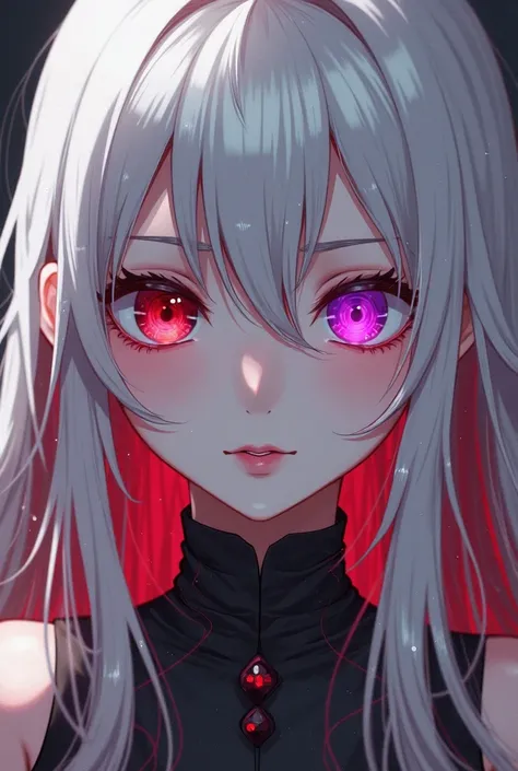 Anime girl with a sadistic expression with long white hair and some red highlights, with a red eye and another cybernetic purple eye