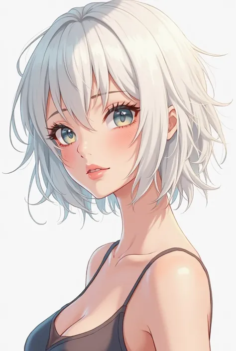 I want a female character with short white hair and who is very beautiful. that is in an animated and not realistic style. I want the drawing style to be mostly straight lines, But that still highlights the beauty of the girl