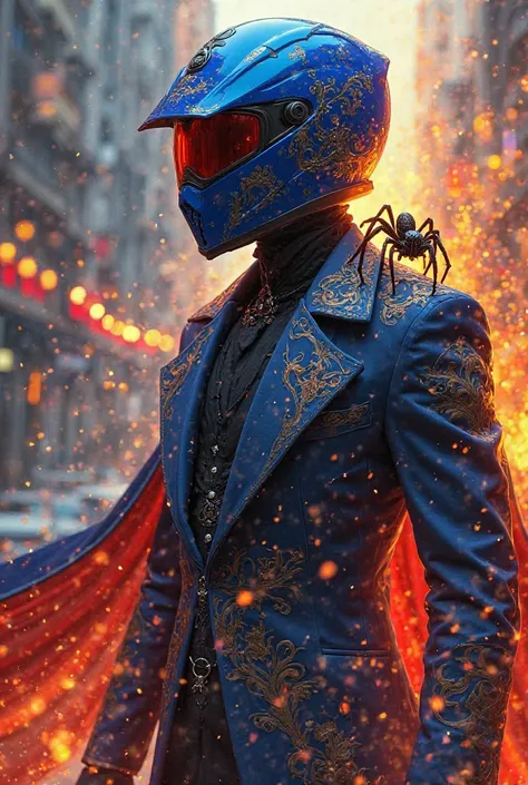 Anime men's blue motorcycle helmet with fire elegant clothes and with a spider on his shoulder