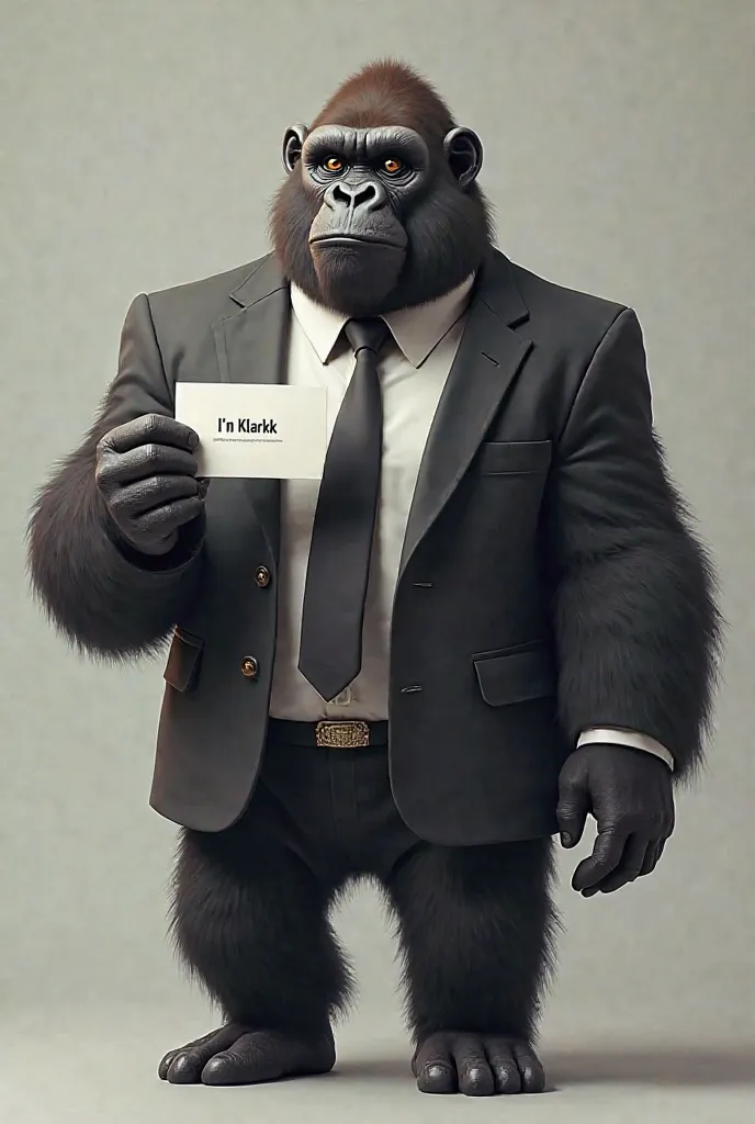 Gorilla wearing a suit and tie, holding a card that says I'm klarkk