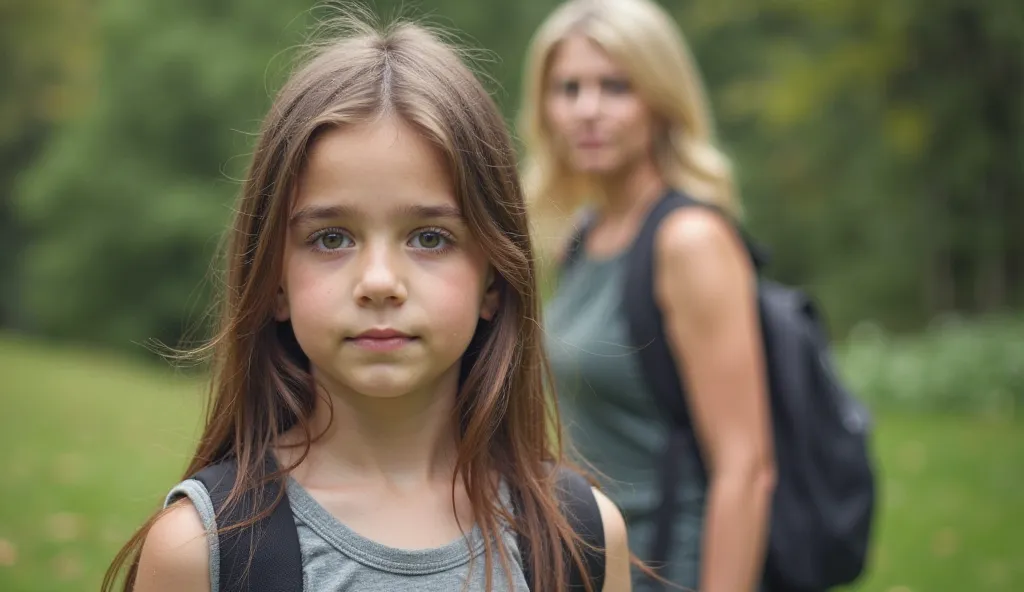 Image is a portrait-style photograph featuring a young girl in the foreground and an adult woman in the background. The girl has long brown hair, light skin, and is wearing a gray sleeveless top with a black backpack. She is looking directly at the camera ...