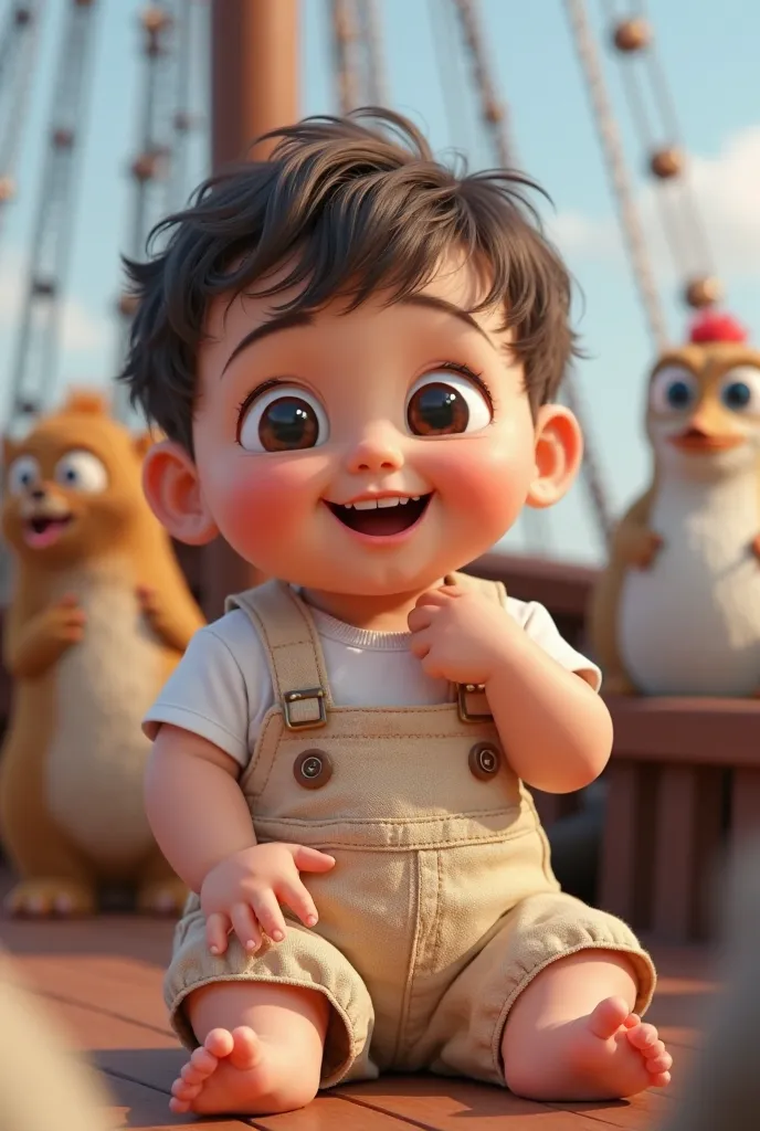 A 3D pixar image of a smiling and playful baby with only two teeth in its mouth, Sitting on a ship on the high seas surrounded by animals. He has light skin, short wavy hair and dark brown, elongated eyes and round cheeks.  her expression is cheerful , wit...