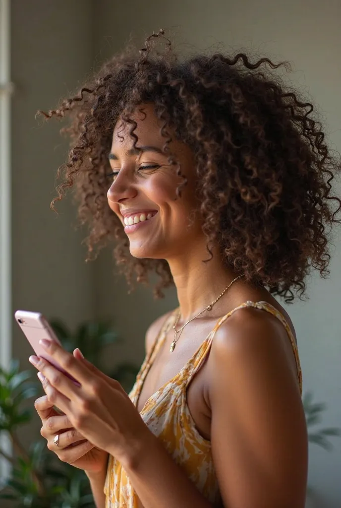 Image of a curly-haired young woman with a cell phone in her hand ,Brown-skinned smiling profile-only photo