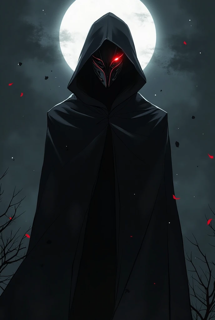  Make a male anime character,  with a black mask that covers the entire face , The mask must have red details, It must have a black hood, And the backstage must be of a very dark night 