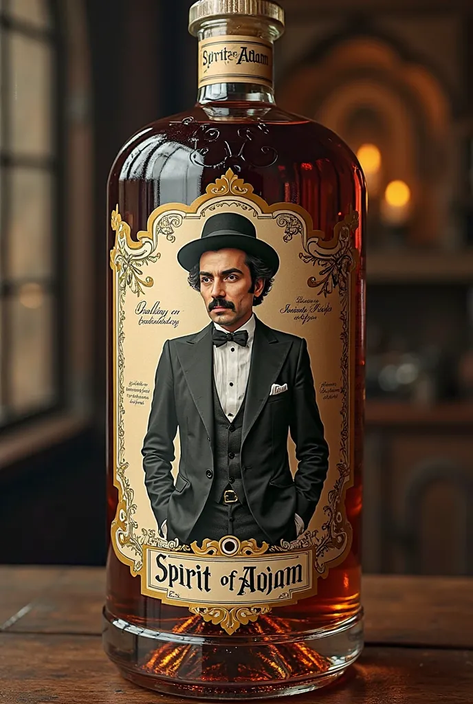 Bottle label, exqusite, best quality, depicting elegant man in formal suit, with sideburns and hat. Text written in historic elegant fonts "SPIRIT OF ADAM"