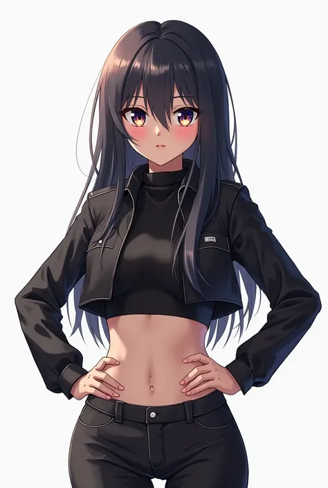 anime-style portrait with a touch of realism. El personaje es una persona con hair largo y oscuro (deep black with subtle reflections in shades of blue or gray), seeds, falling straight down to the hips, with bangs that partially cover the forehead.  The e...