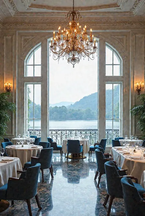 Restaurant space at 5-star hotel with view of Tuyen Lam Lake, French architecture dominated colors ivory white and dark blue 