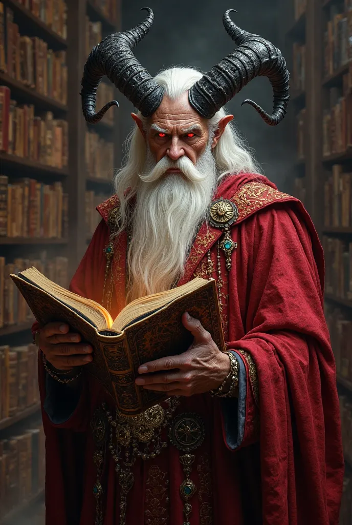 A majestic and intimidating demonic wizard with long white hair, a well-groomed beard, and glowing red eyes full of forbidden knowledge. His black, curved horns bear arcane markings, hinting at centuries of power. He wears a red robe with intricate gold em...