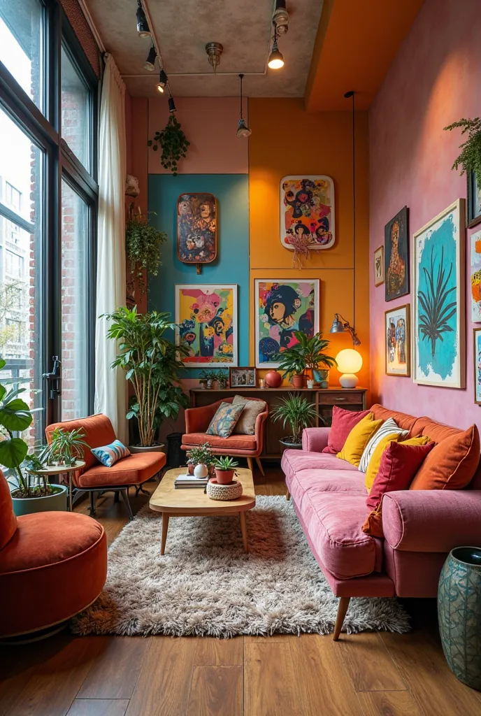 Crée un salon spacieux dans un appartement de jeune. Décoration colorée et rétro. Cocooning et confort