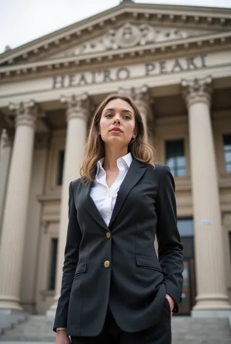 Female notary candidate doing an internship standing in front of the notary building