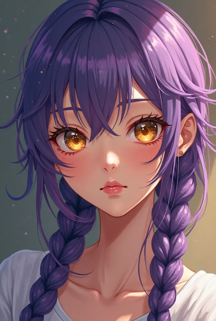 Just like that, anime-style with purple hair, golden eyes and slightly dark brown skin, with all her hair braided with small braids, She is very beautiful and she is a painter.