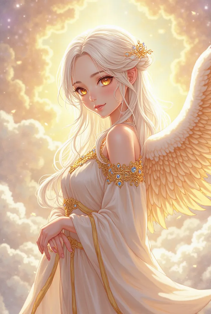 Anime-style artwork of a beautiful woman with long, flowing white hair tied up in an intricate braid. She wears a delicate white crown adorned with glowing gemstones. She has large, radiant angelic wings with soft feathers, glowing faintly with a divine li...