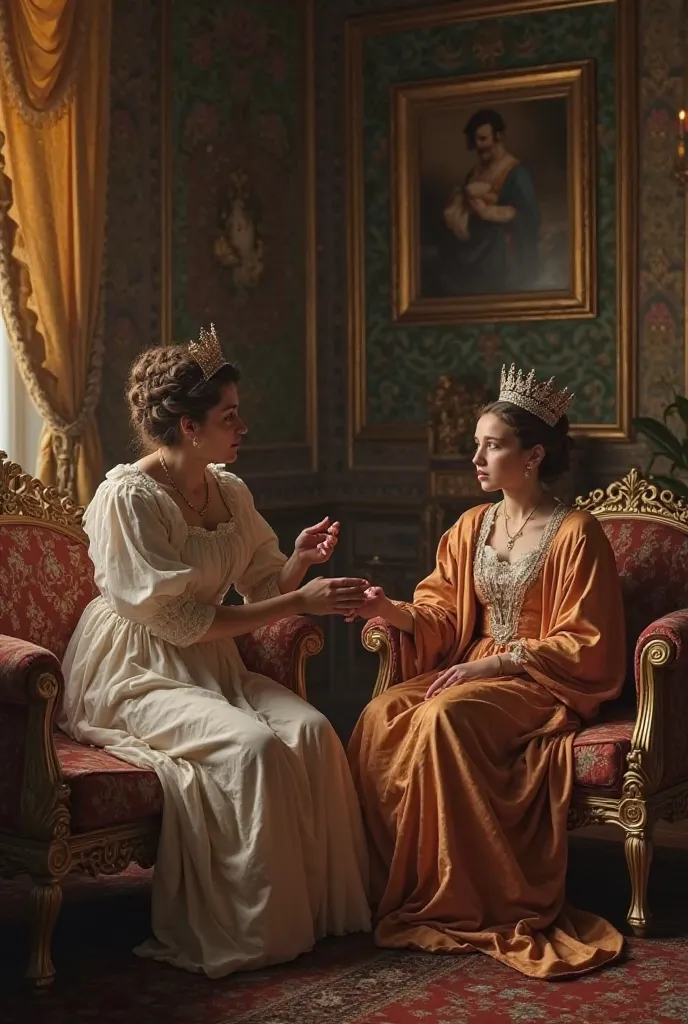  Second scene : The mother of the boys talks to her neighbor with concern

Description: In the women's wing in the palace, the mother of the boys sits on a sofa decorated with silk, wearing elegant royal clothes and signs of anxiety on her face. Next to he...