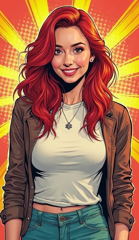 DISCREET image. with discreet casual clothes. image adult woman, american, comic book style. smile. IMAGES WITH VIBRANT COLORS. with Colorful background. half body. red hair