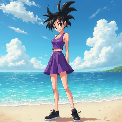 Create a thin 25-year-old woman, she has spiky black hair and black eyes and a black eyeshadow and she's smiling and she wears a purple shirt, tank top, purple skirt and black sneakers, beach scenery, sea, green, sunny blue sky
( show her full body )
 Drag...