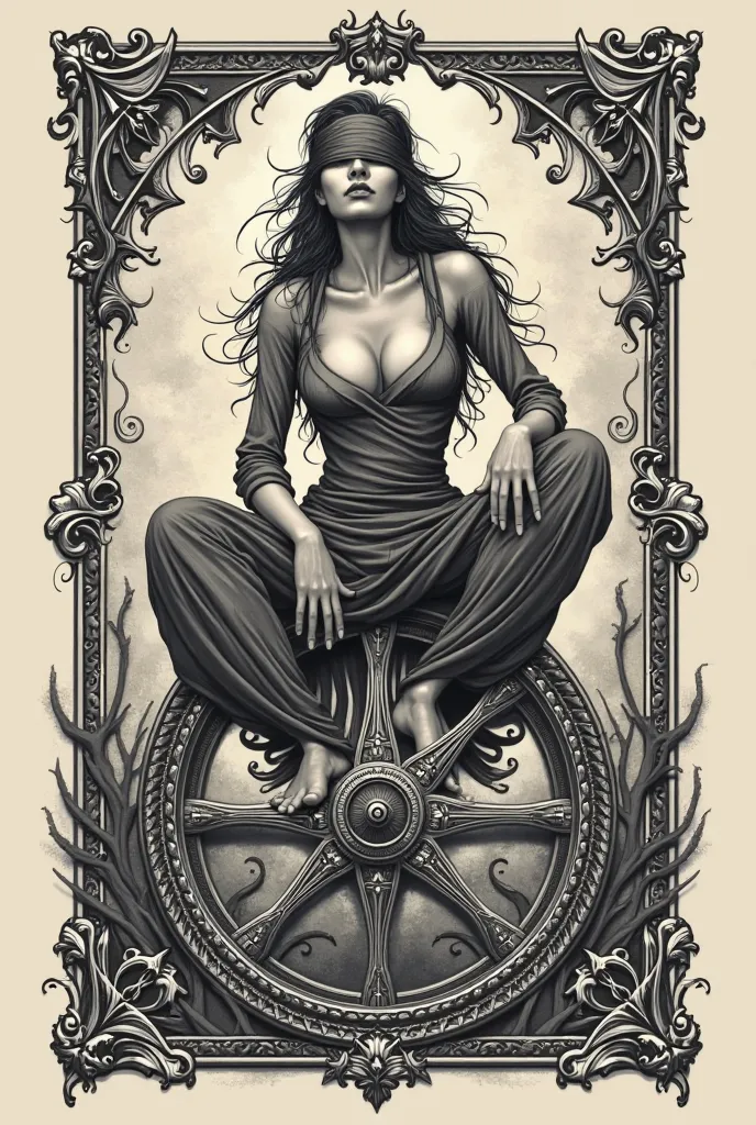 Wheel of Fortune 2D tattoo drawing of a woman with blindfolded eyes sitting on top of the wheel of fortune held by a blackwork tattoo holder similar to tarot cards 