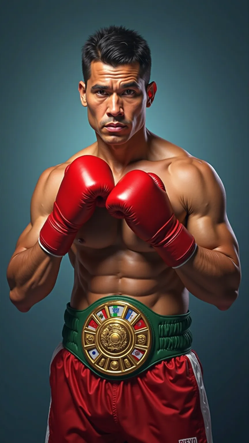 A highly detailed, ultra-realistic digital painting of Julio Cesar Chávez a professional boxer in a fighting stance. The boxer has a muscular, well-defined physique with a determined expression on his face. He wears red boxing gloves and matching red trunk...