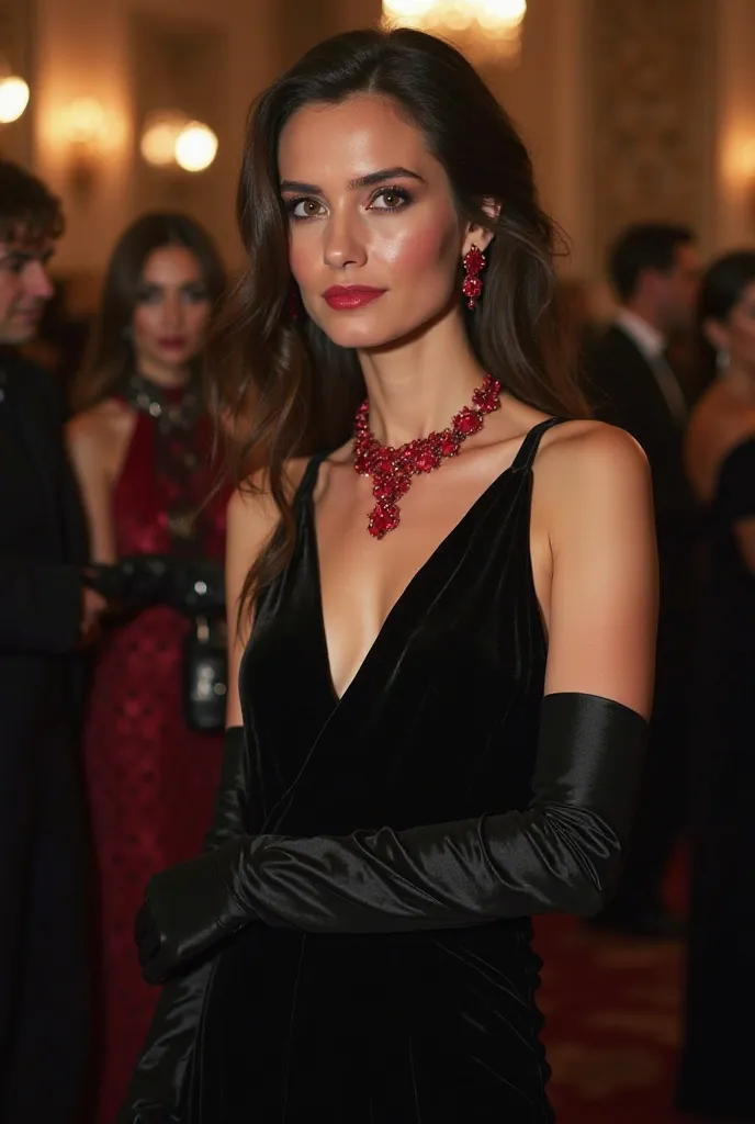  long dress , Without large neckline. velvet black. Gloves up to the elbows in satin also black. Red ruby necklace.  woman brown eyes , slightly tanned skin. In a luxurious and festive atmosphere. Surrounded by chic people. 