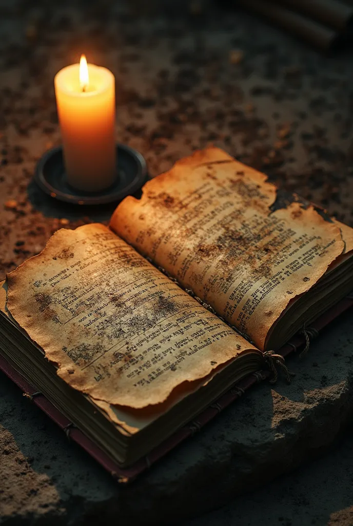 A worn leather journal lies half-open on an ancient altar, its yellowed pages filled with frantic scribbles and faded maps. Some sections are torn, others stained with something dark. The air around it hums with forgotten secrets. A single candle flickers ...