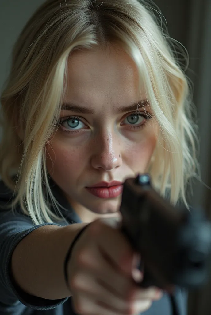 Please create for me a picture where a Blonde girl with a bob haircut, with gray-blue eyes, a cute snub nose and beautiful makeup, with a look full of pain, looks very sad, with a sad slight smile on her plump lips.in her hands there is a pistol, it is pre...