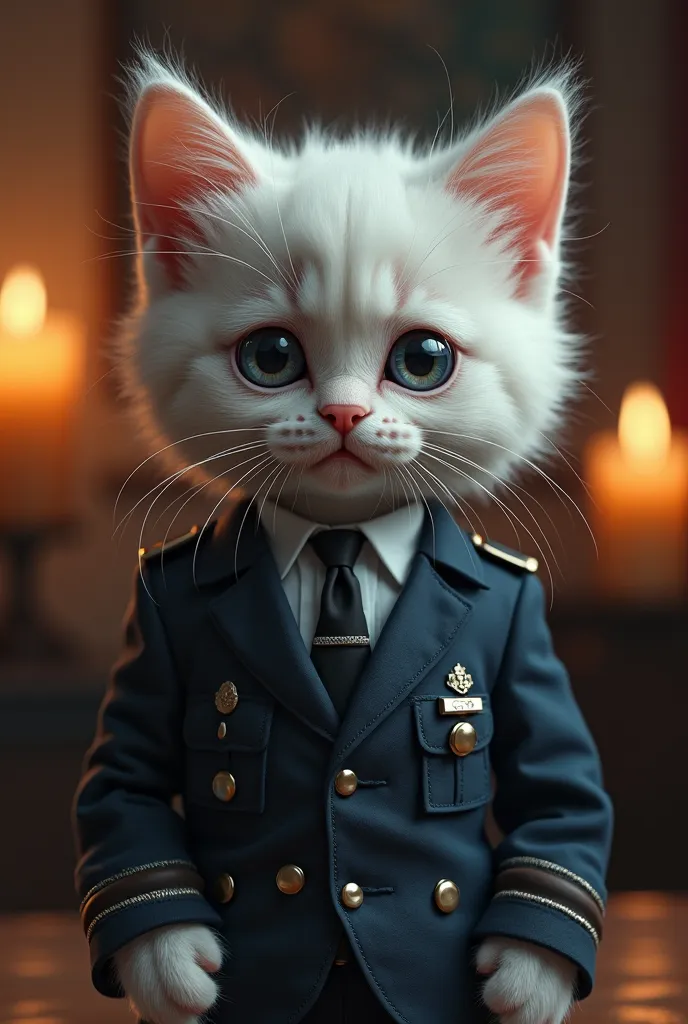 A highly detailed, hyper-realistic image of an anthropomorphic white kitten dressed in a formal police uniform, standing in a dimly lit room with warm candle lights in the background. The kitten has large, teary eyes with realistic, glistening tears stream...