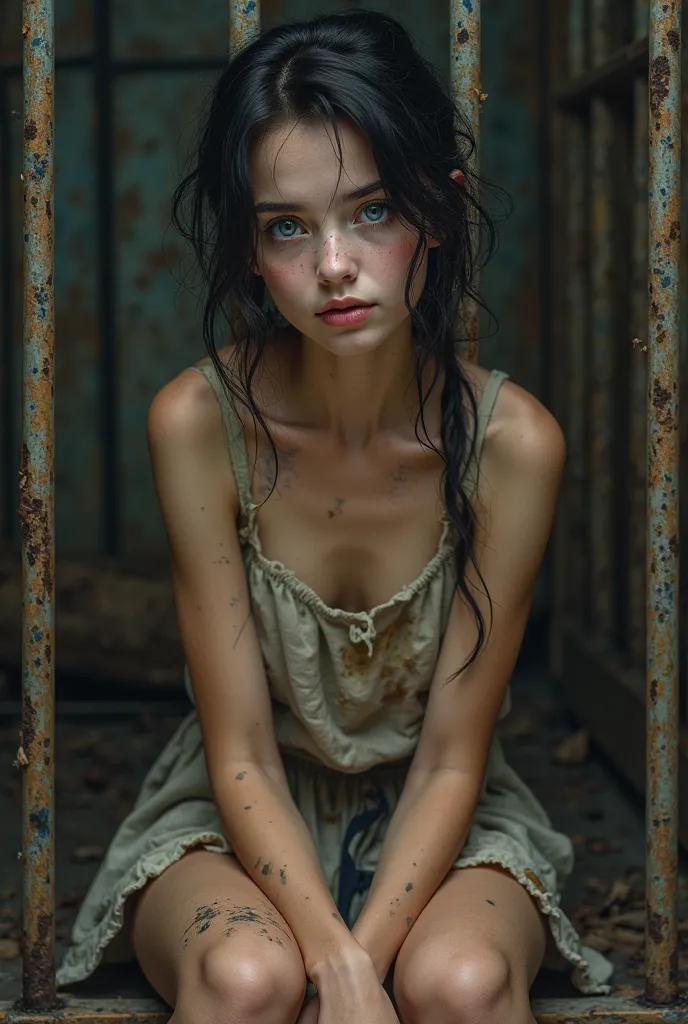 Beautiful girl in dirty rags sitting on her knees in a slave cage. She is dirty and has been abused but you can still see her beauty. She has bright blue eyes and an asymmetrical hair style. She looks at you with both hope and fear.