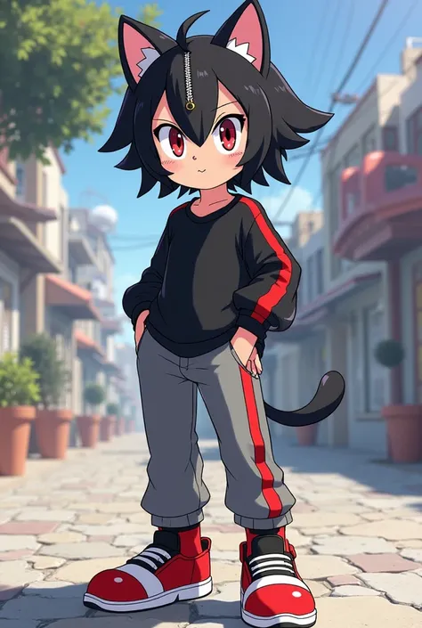 Draw an anime-style mobian wearing a black shirt and gray pants with red stripes and red shoes with white and with black hair in the shape of a zipper