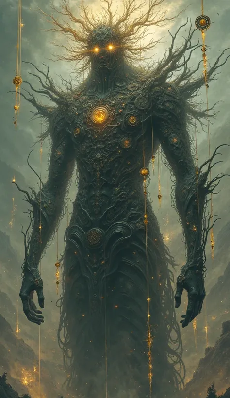 A colossal and ethereal entity, made of shadows and temporal gears. His eyes shine like old clocks, and his hands hold golden threads connected to different eras."