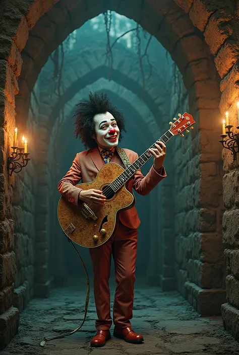 Tiririca playing Michael Jackson's face-shaped guitar in the haunted castle 