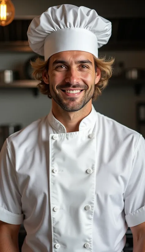 super realistic photograph of a professional chef wearing a chef's cap type touch blance,  flashing, shaving. Armando is a 30-year-old Caucasian man, Athletic build, rectangular face,  European features, Black eyebrow marked, large olive-colored eyes, thin...