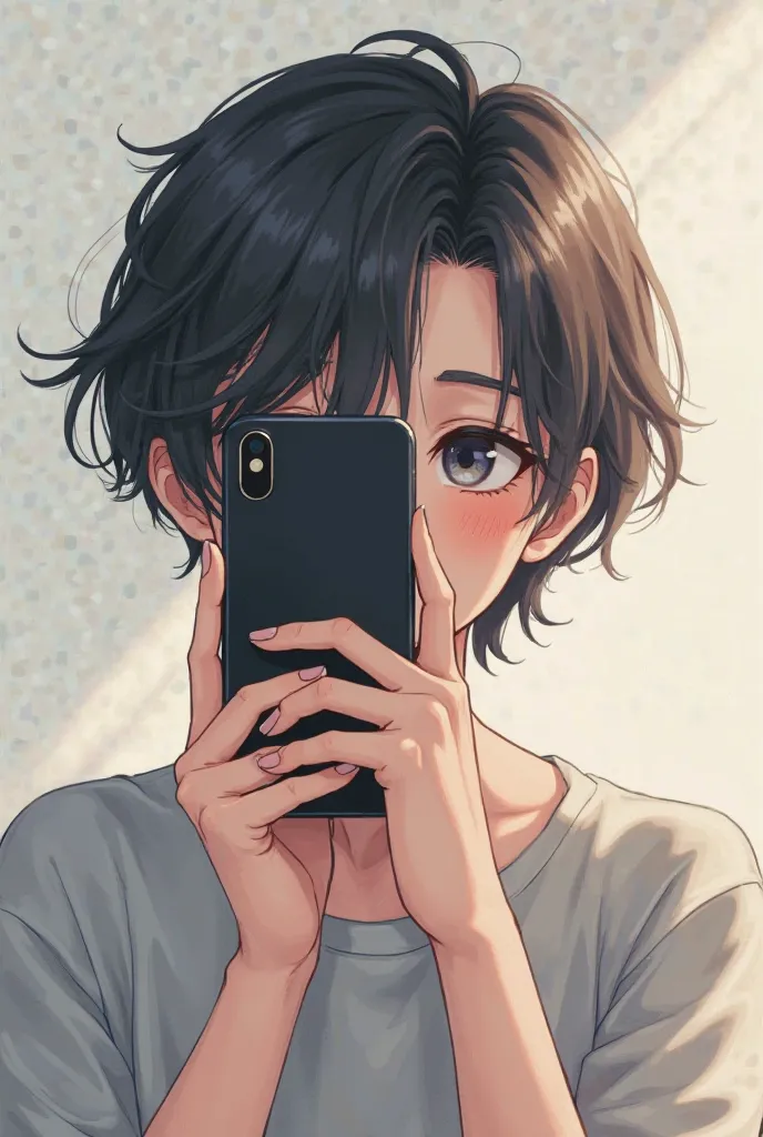 Mirror Pic, A Anime Boy Holding A iPhone X Black And Cover Her Face