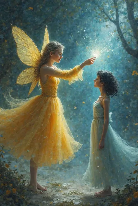 Make the realistic image of a fairy godmother doing a spell with her condom wand and she's wearing a yellow dress and she's flying and she's casting a magic beam at a black-haired white woman wearing a light blue dress and they're far away 