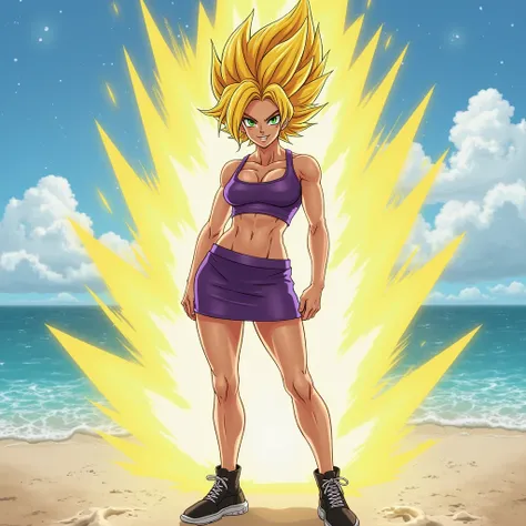 Create a 25-year-old Muscular woman, she has yellow spiky hair and green eyes and a yellow eyeshadow and is smiling and she wears a purple shirt, tank top, purple skirt and black sneakers, beach scenery, sea, green, sunny blue sky.
Do her in Super Saiyan w...