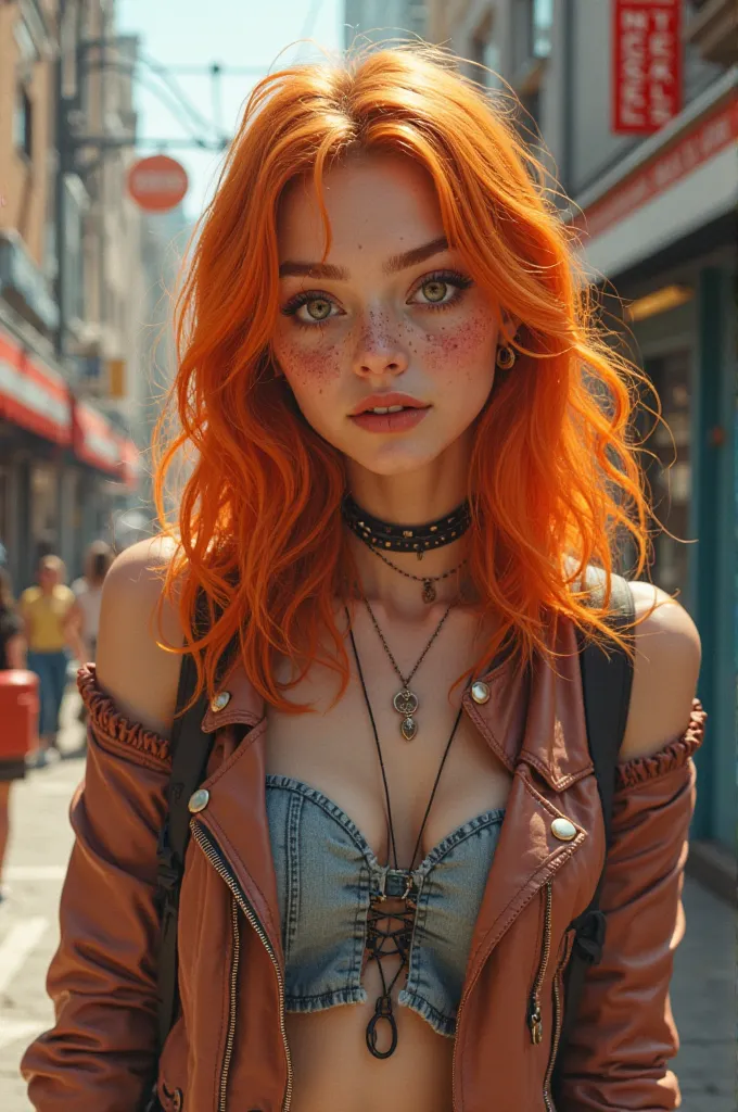 A lively 18-year-old girl who has orange hair around her shoulders and who has freckles half a rocker