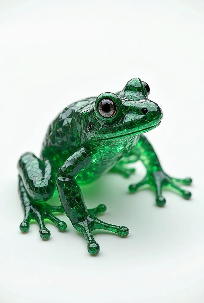 Create a white background image with a frog made of deep green emeralds, which symbolizes the connection between emeralds and nature in Full HD