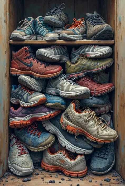 cluttered closet with sweaty shoes and sneakers