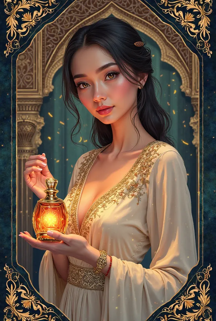 I want a banner design of perfume attar shop with beautiful lady holding a attract perfume bottle 