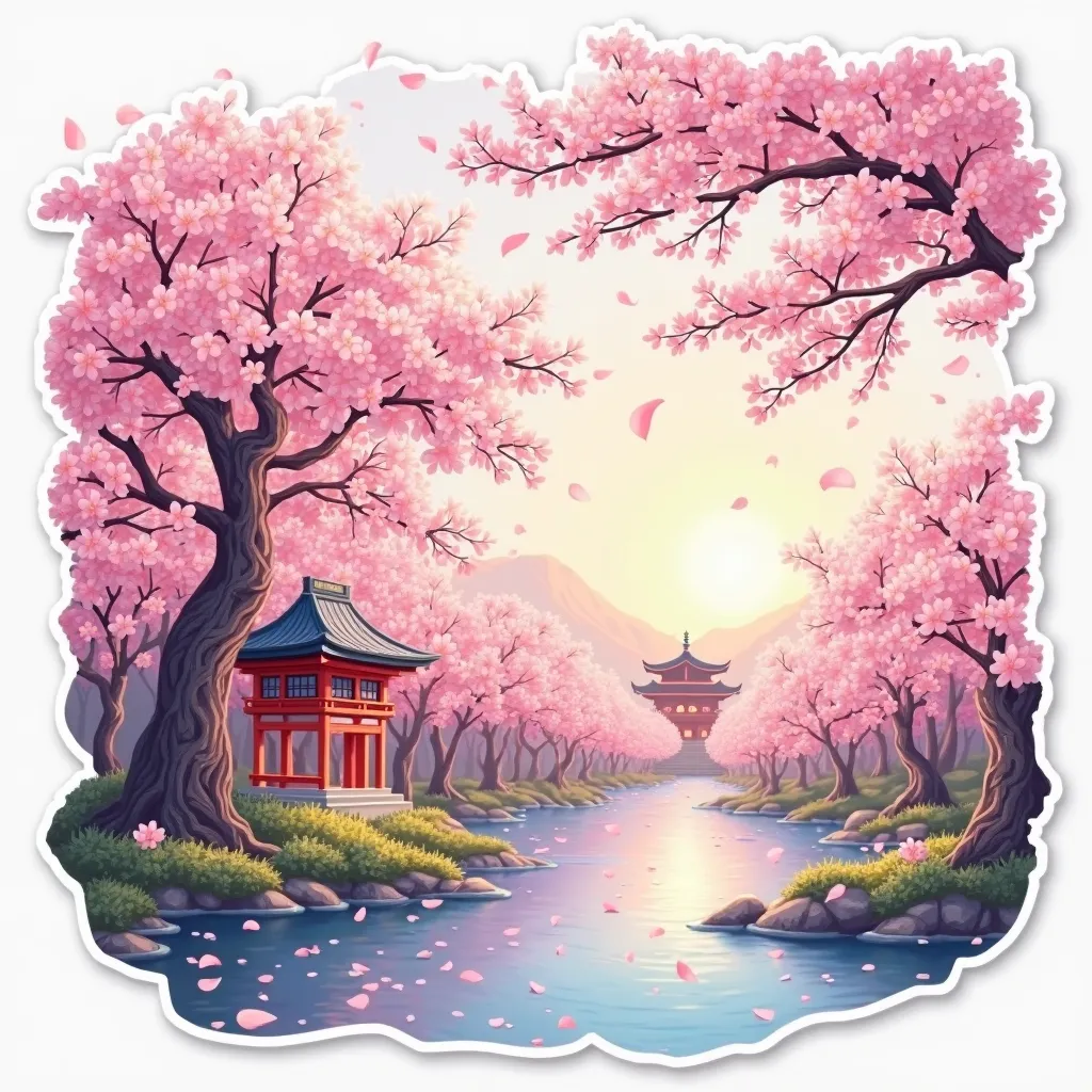 A set of isolated illustrations on one sheet on white background. A cherry blossoms in full bloom, with delicate pink petals gently falling from the branches. The scene is illuminated by soft sunlight, creating a dreamy and serene atmosphere. The compositi...