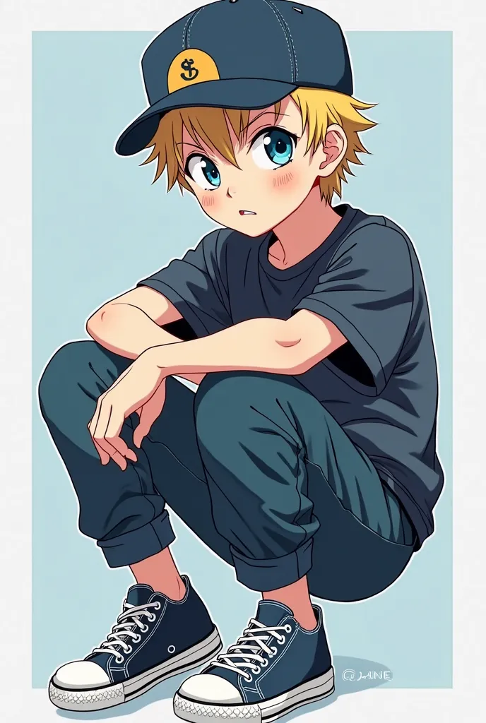 garoto anime with blue eyes and a baseball cap and a pair of sneakers, garoto anime, 2 d estilo anime, estilo de arte anime de alta qualidade, estilo anime, cara de anime alto com olhos azuis, estilo de arte anime moe, estilo anime character, in an estilo ...