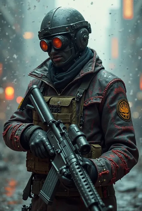 A full background image of a gang member in a dystopian blade runner city, he wears a ragged biker jacket with red stitching, and spider skull patches and iconography, over the jacket, he wears a military plate carrier vest, that carries magazines for his ...